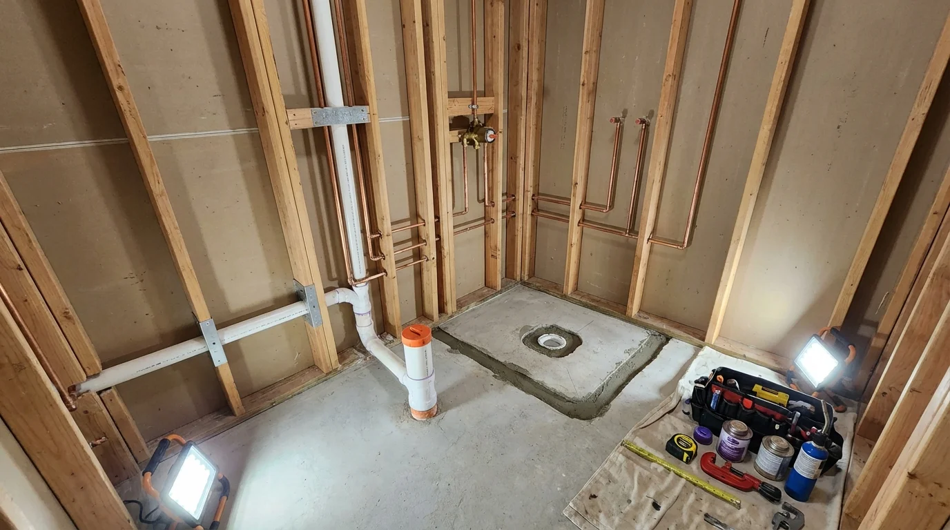 Bathroom rough-in plumbing during remodel by Johns Plumbing LLC in Jenison