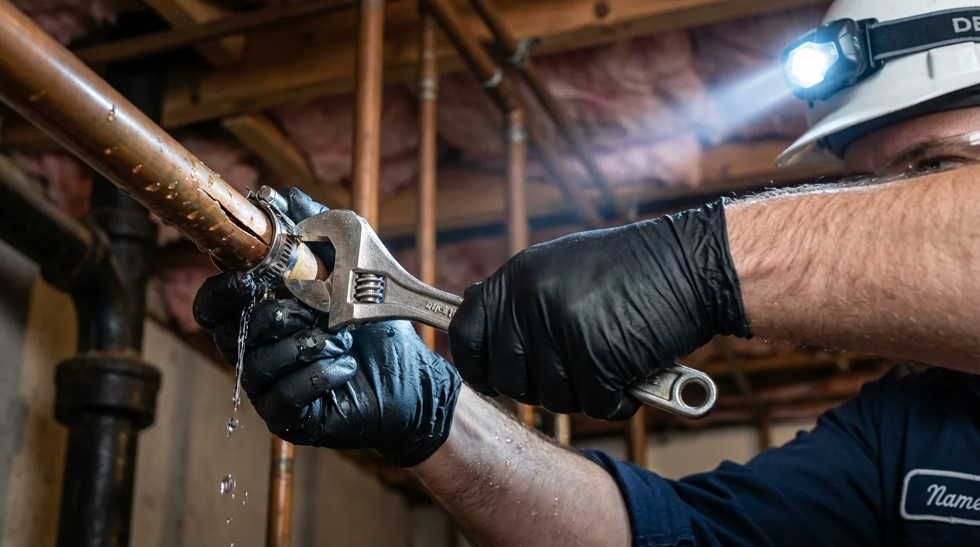 Emergency pipe clamp repair being performed by a Johns Plumbing LLC plumber in Jenison