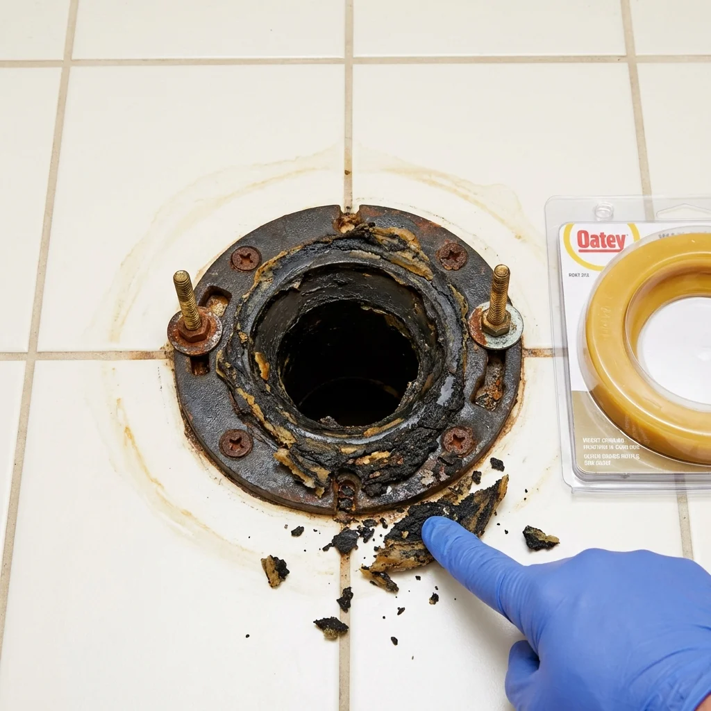 Failed wax ring showing water seepage at the base of a toilet in a Jenison, MI home