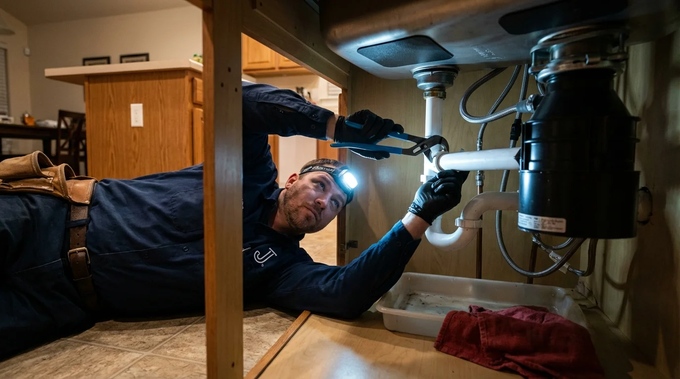 P-trap and supply line connections under a kitchen sink showing a common leak point in Jenison, MI